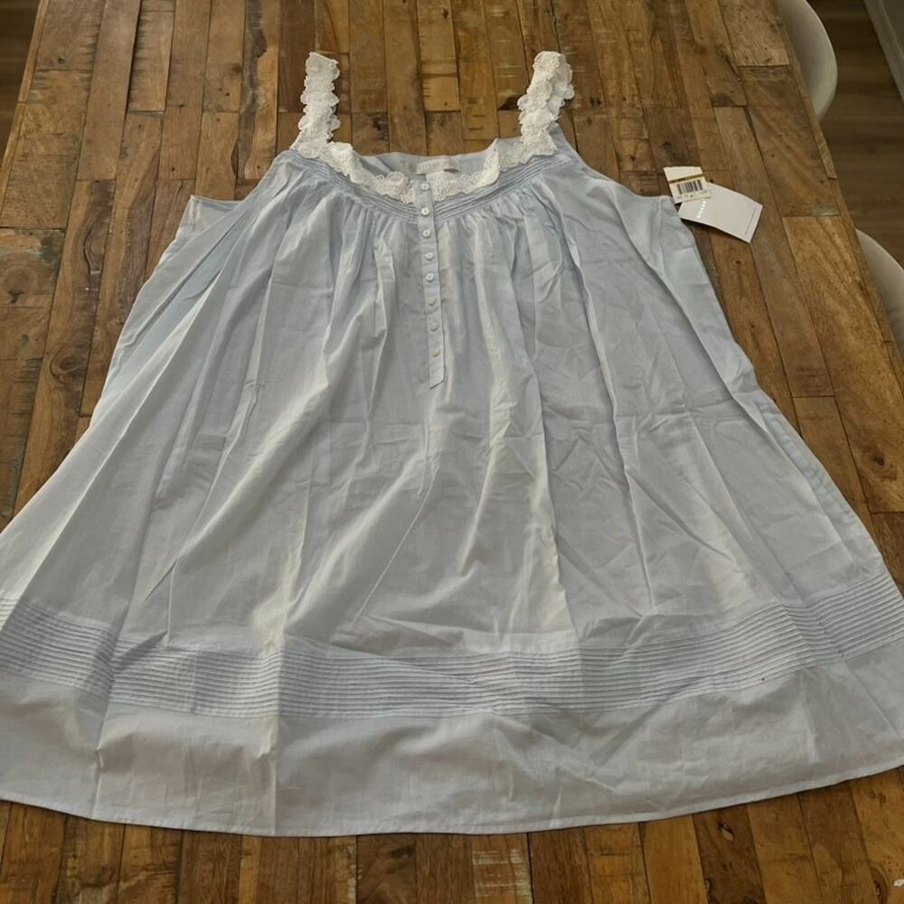 Eileen West Light Blue Chemise Nightgown 3X 100% Cotton White Floral Lace Straps